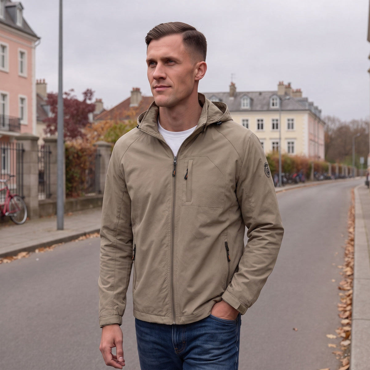 Mann trägt die Khaki Regenjacke mit Kapuze