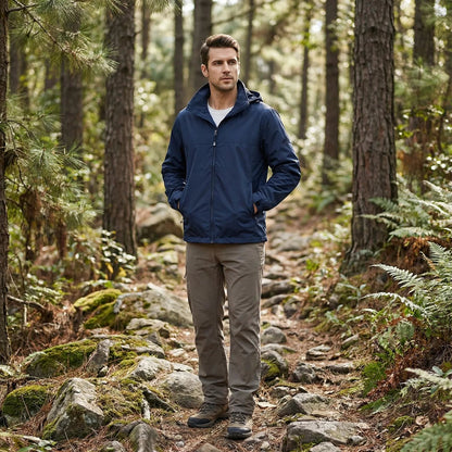 Mann in marineblauer Kapuzenjacke auf einem Waldweg