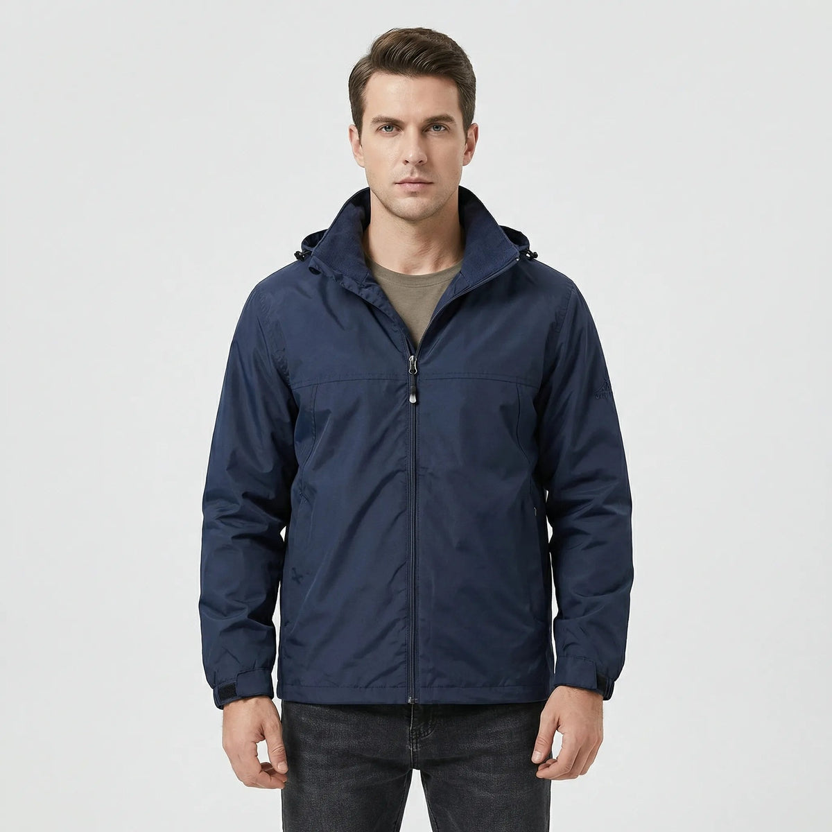 Marineblaue Übergangsjacke mit abnehmbarer Kapuze