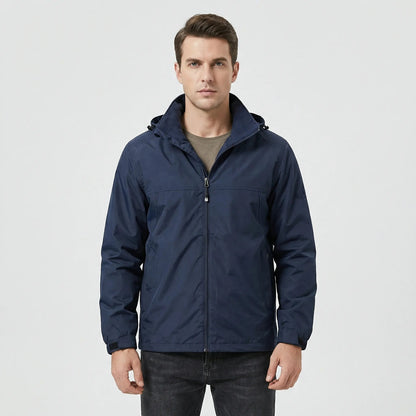 Marineblaue Übergangsjacke mit abnehmbarer Kapuze