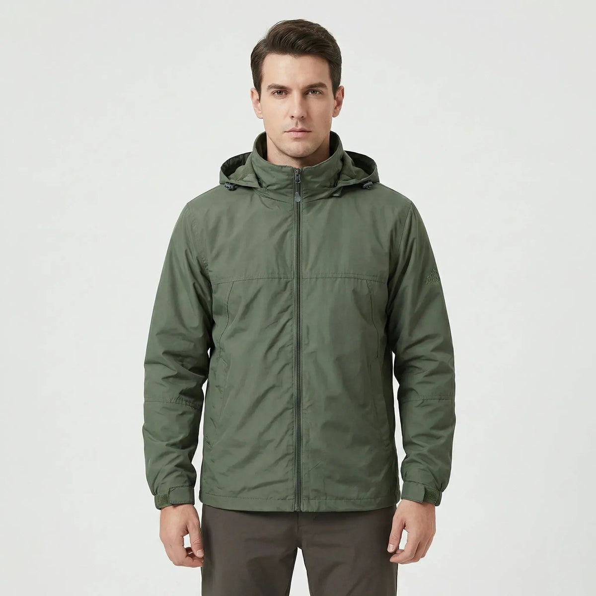 Olivfarbene Übergangsjacke mit abnehmbarer Kapuze