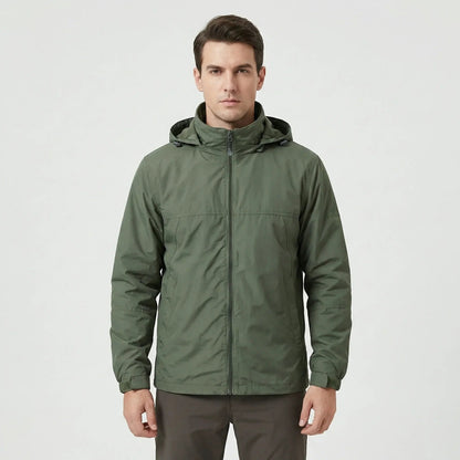 Olivfarbene Übergangsjacke mit abnehmbarer Kapuze