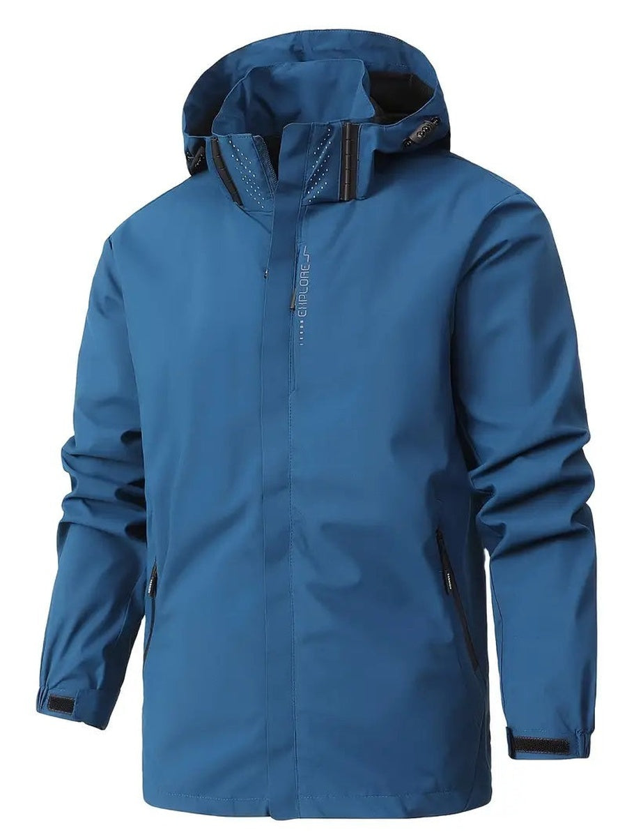 Blaue Regenjacke mit Kapuze