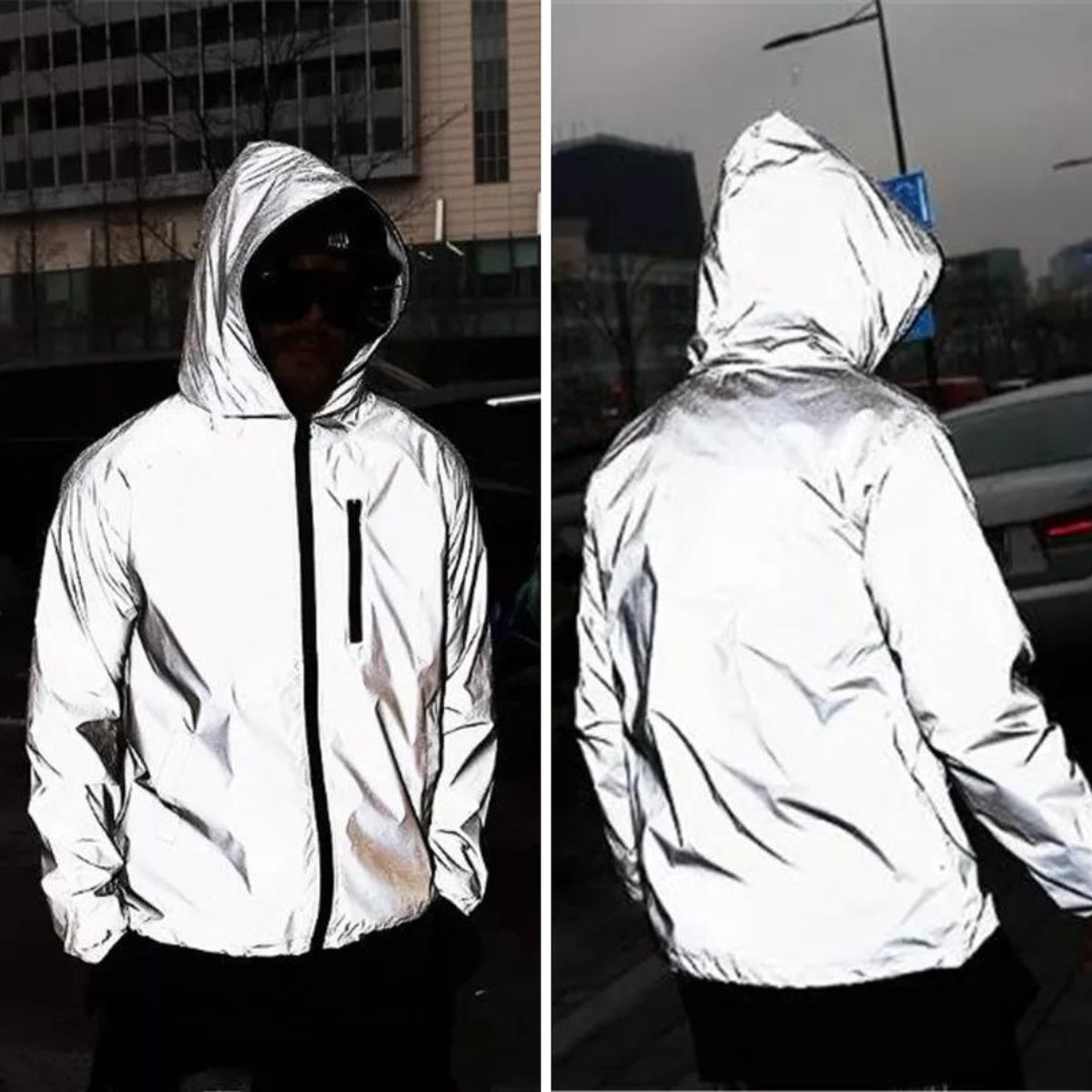 Reflektierende Jacke leuchtet nachts, Vorder- und Rückseite