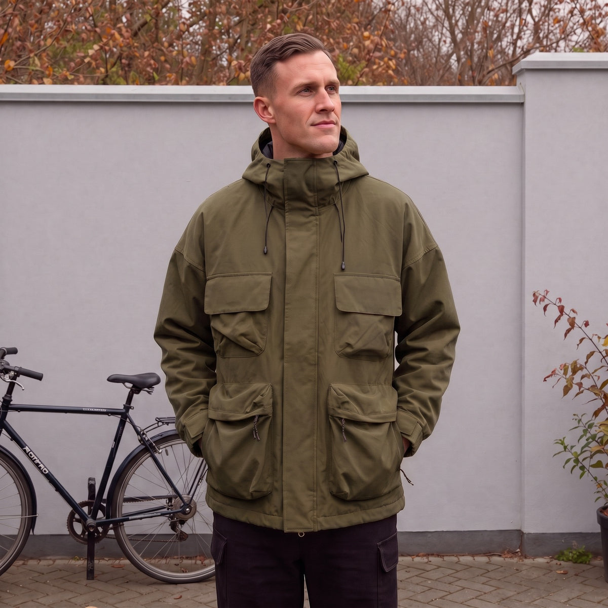 Model trägt die olivfarbene Utility-Regenjacke