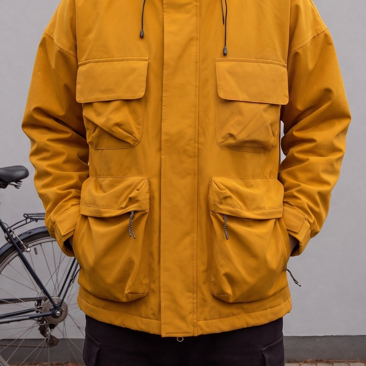 Nahaufnahme der Brust- und Cargotaschen der senfgelben Utility-Jacke