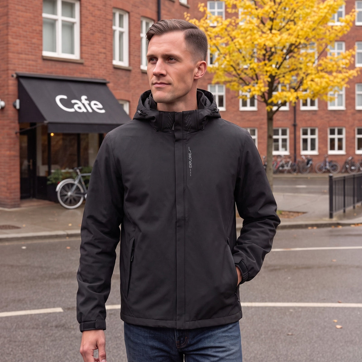 Model trägt die schwarze wasserdichte Hardshell-Jacke für Herren