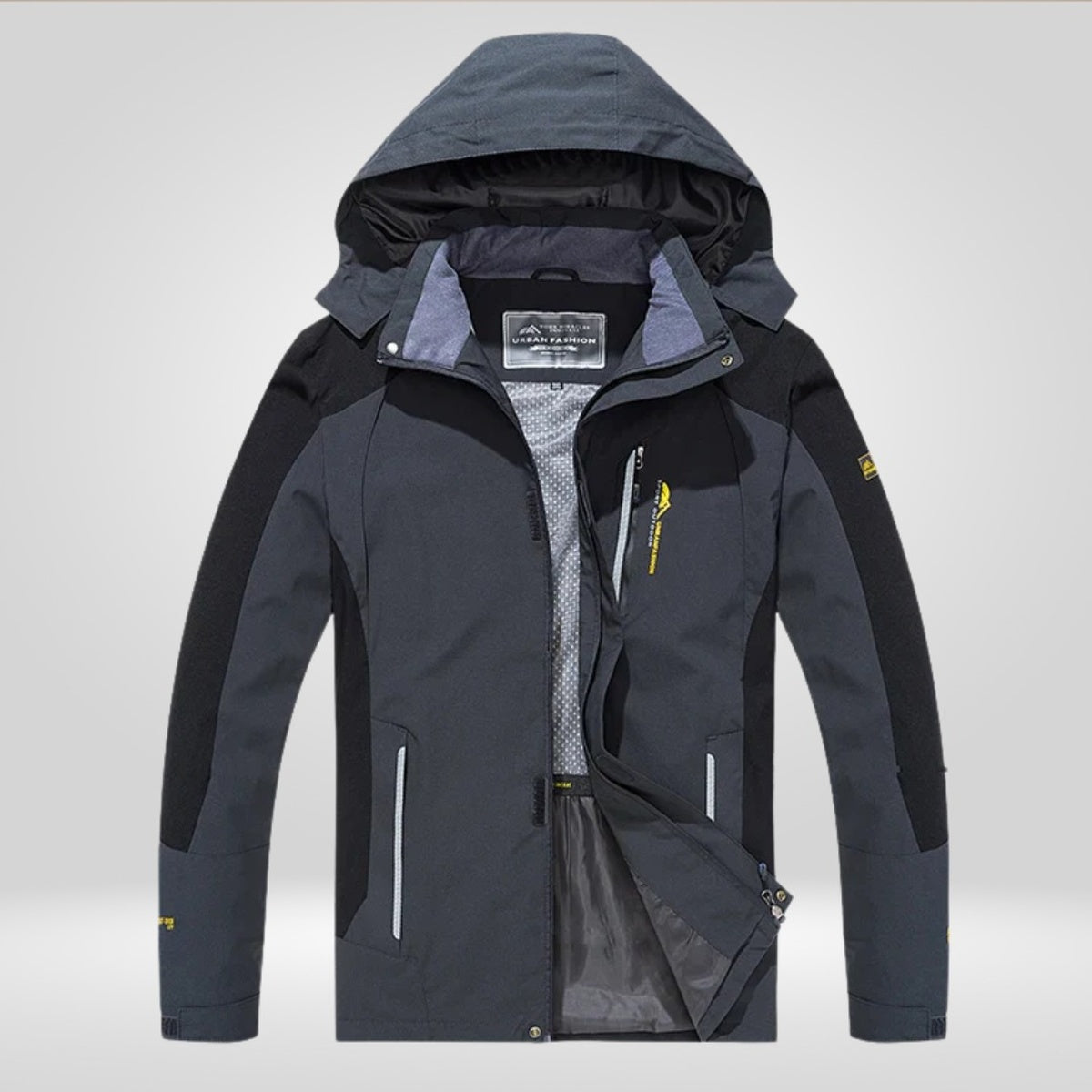 Dunkelgraue wasserdichte Wanderjacke mit Kapuze