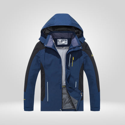 Blaue wasserdichte Wanderjacke mit Kapuze