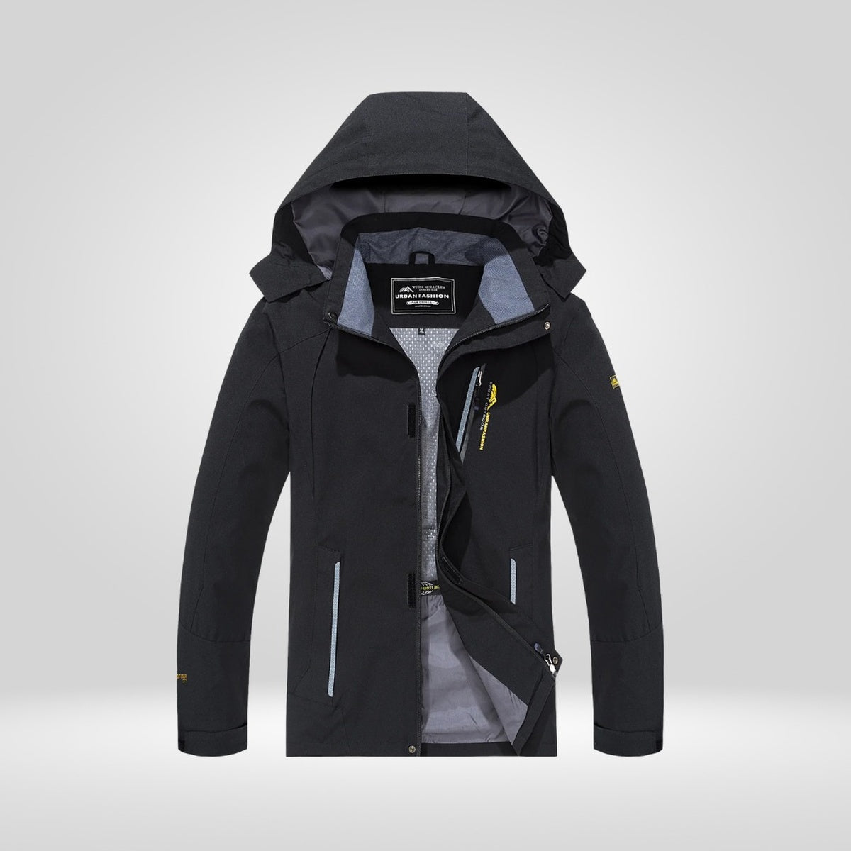 Schwarze wasserdichte Wanderjacke mit Kapuze