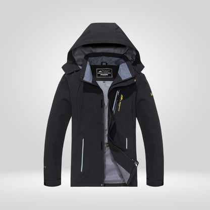 Schwarze wasserdichte Wanderjacke mit Kapuze