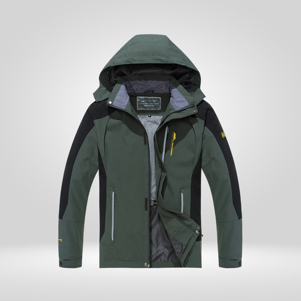 Armeegrüne wasserdichte Wanderjacke mit Kapuze