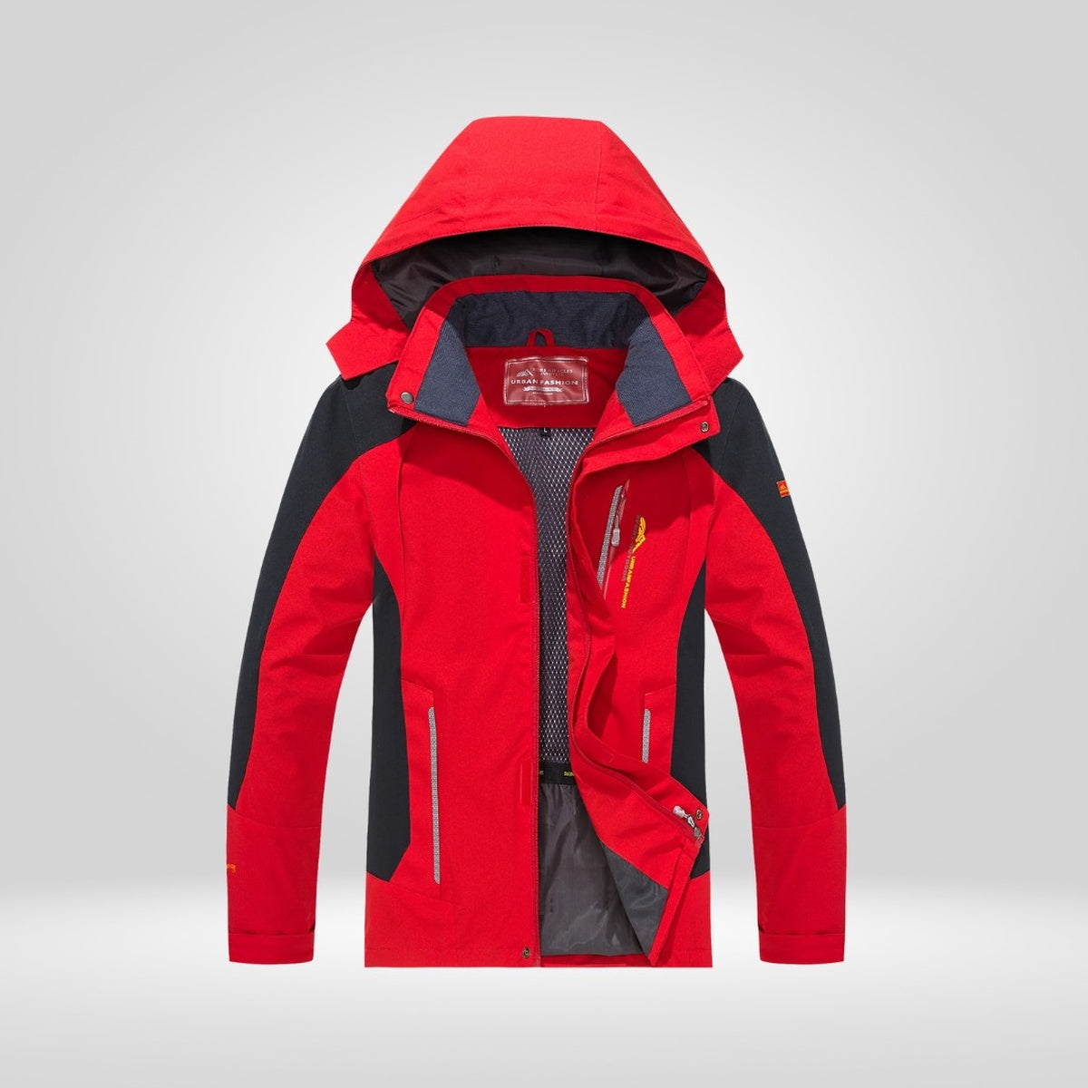 Rote wasserdichte Wanderjacke mit Kapuze