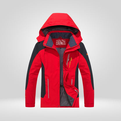 Rote wasserdichte Wanderjacke mit Kapuze