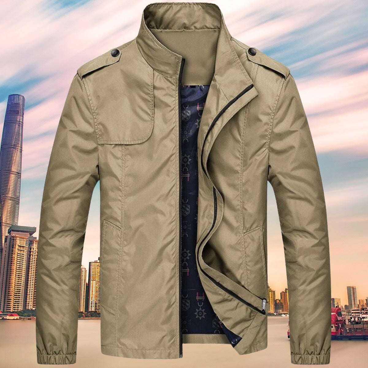 Khaki Windbreaker für Herren mit Stehkragen