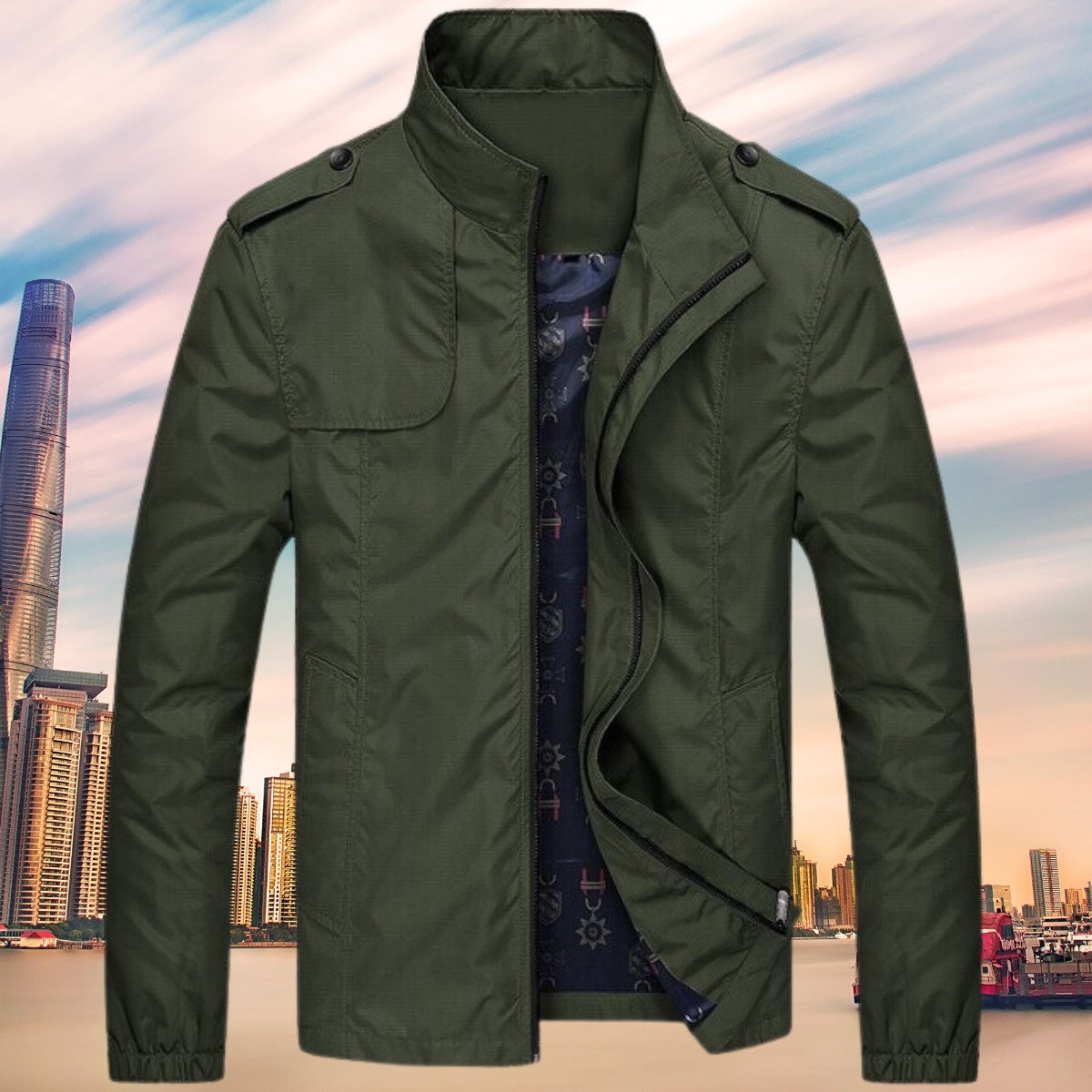 Dunkelgrüner Windbreaker mit Stehkragen