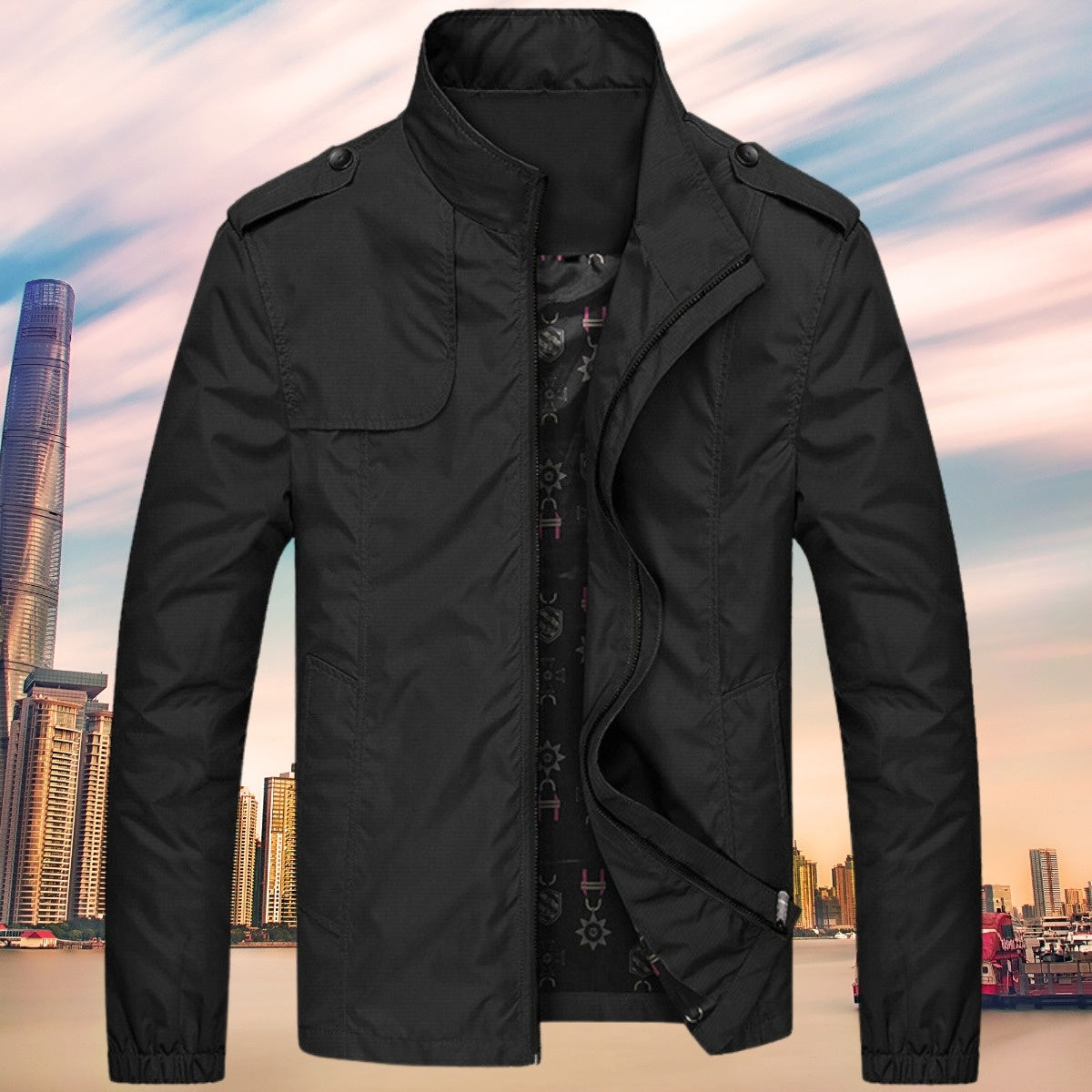 Schwarzer Windbreaker mit Stehkragen