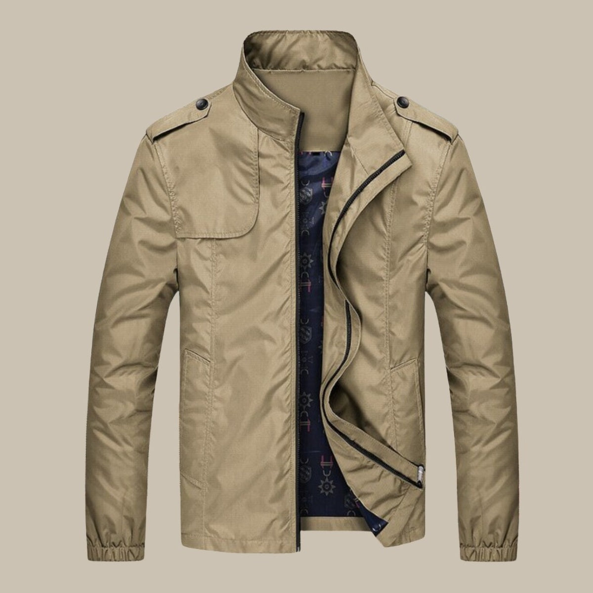 Khaki Windbreaker, Vorderseite mit gemustertem Futter