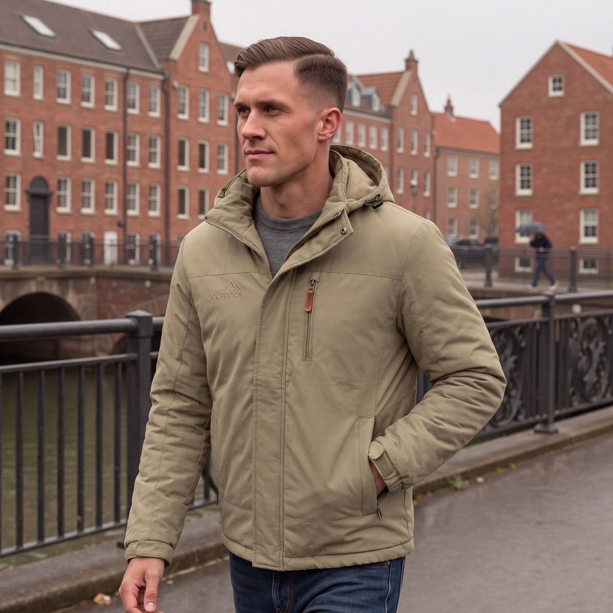 Mann trägt die Khaki Winterjacke mit Fleecefutter