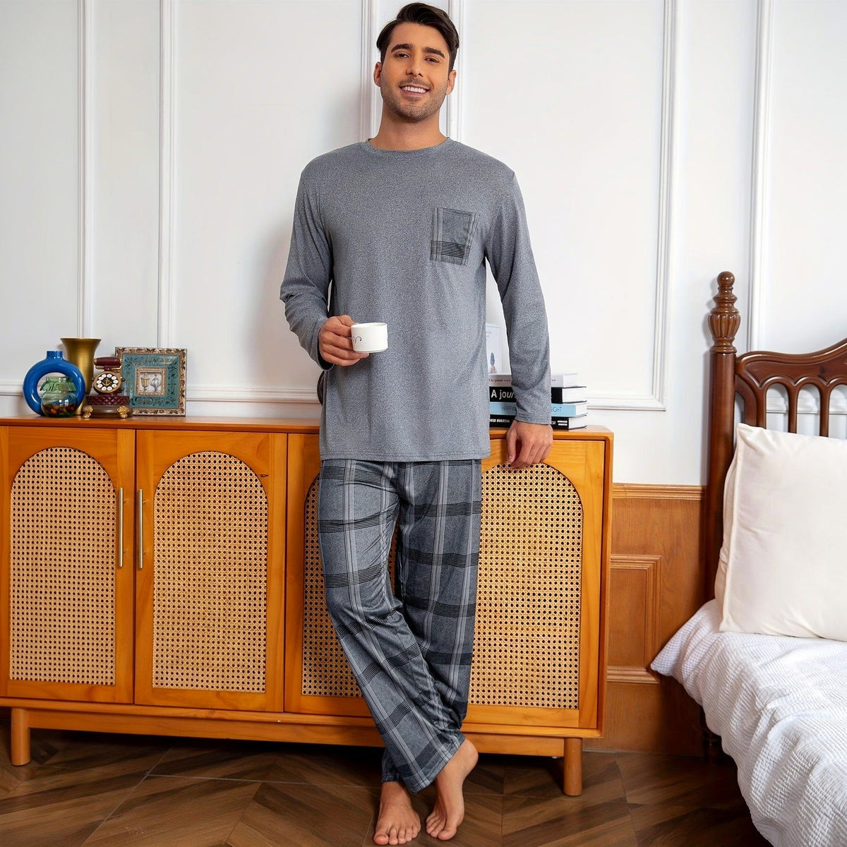 Relaxed Pyjama Herren | Karomuster | Grau
