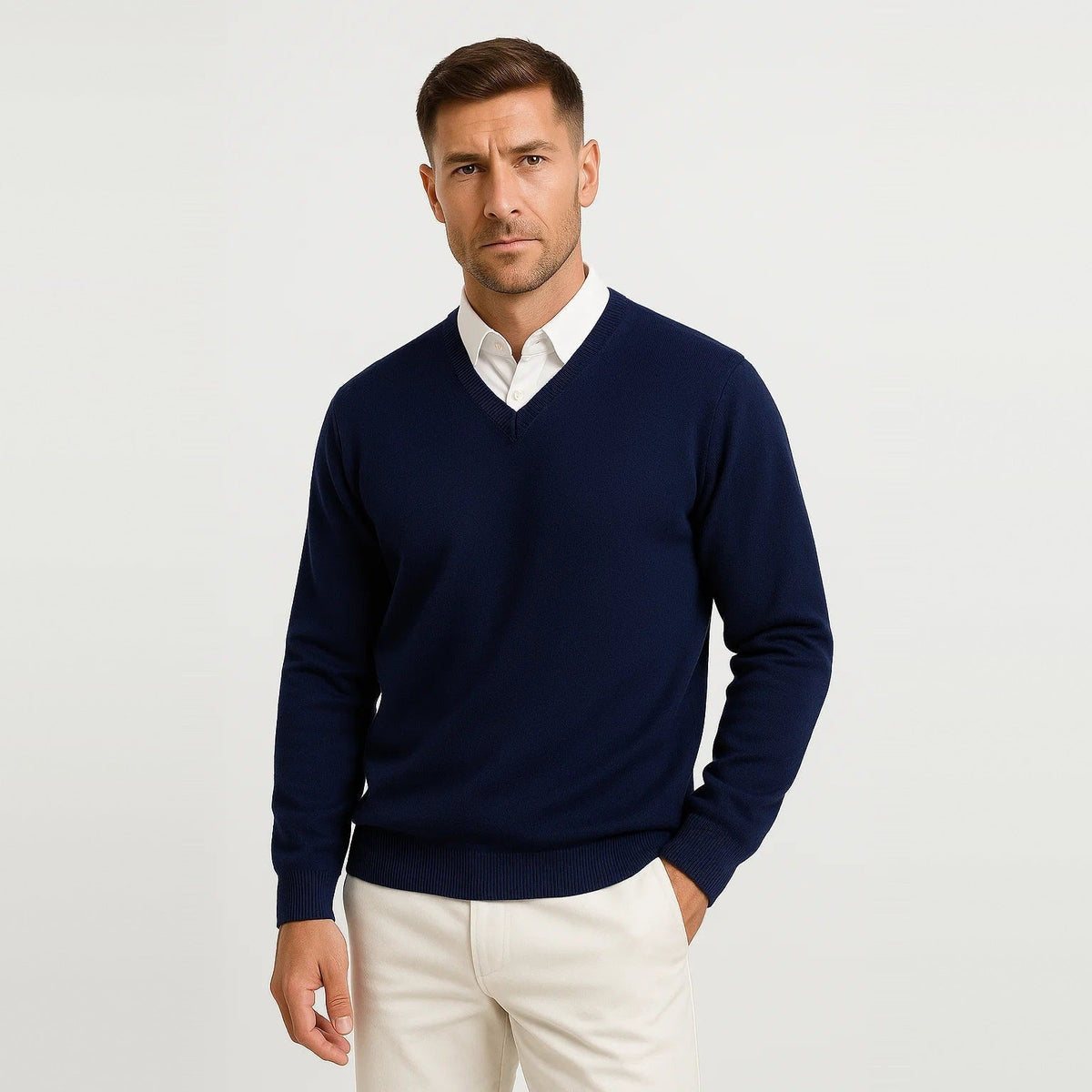 V-Ausschnitt Pullover Herren | Feinstrick | Klassisch | Rippbündchen