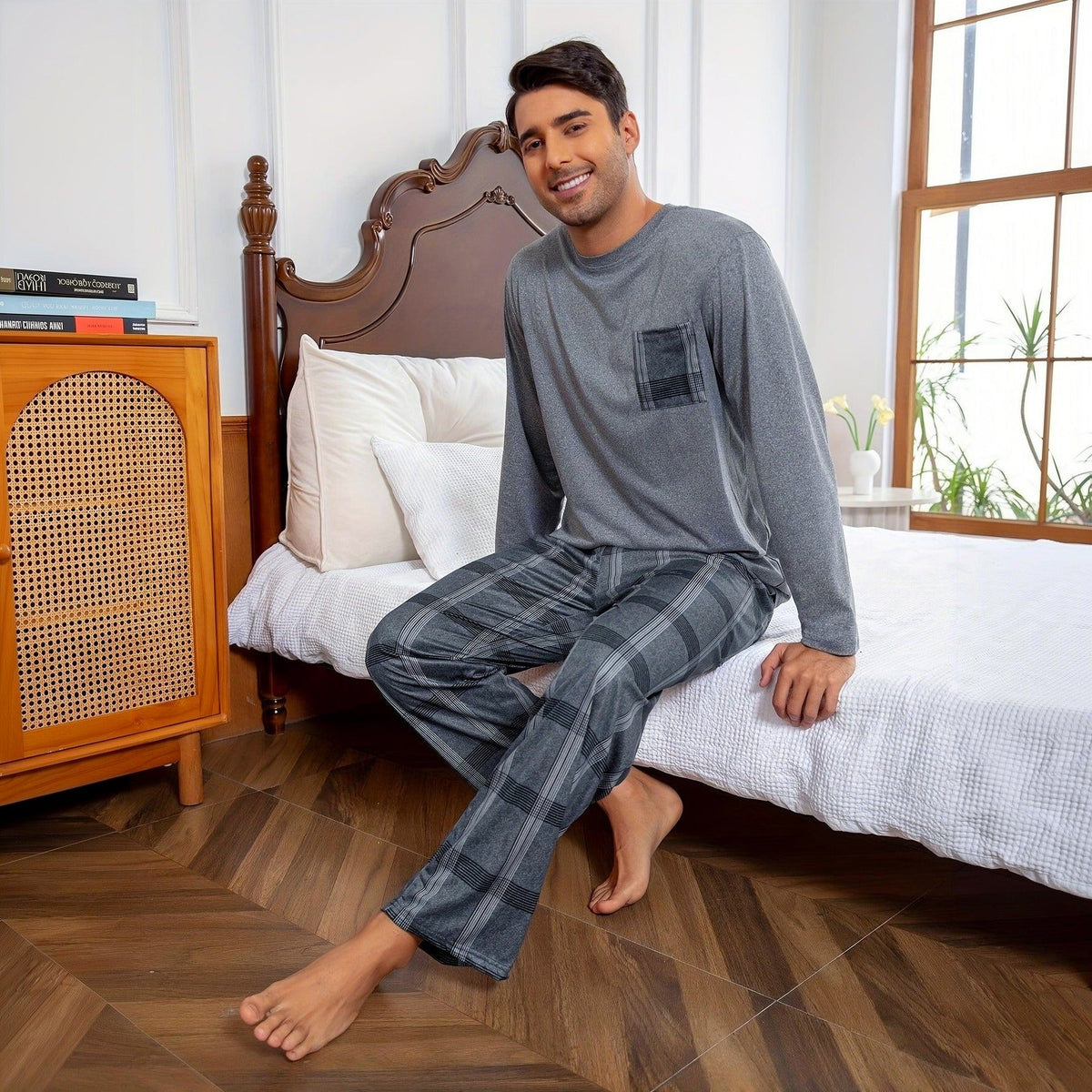 Relaxed Pyjama Herren | Karomuster | Grau