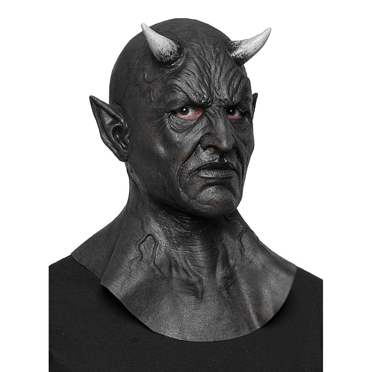 Schwarze Dämonen Maske | Hörner | Spitze Ohren | Vollkopf mit Halsteil