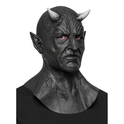 Schwarze Dämonen Maske | Hörner | Spitze Ohren | Vollkopf mit Halsteil