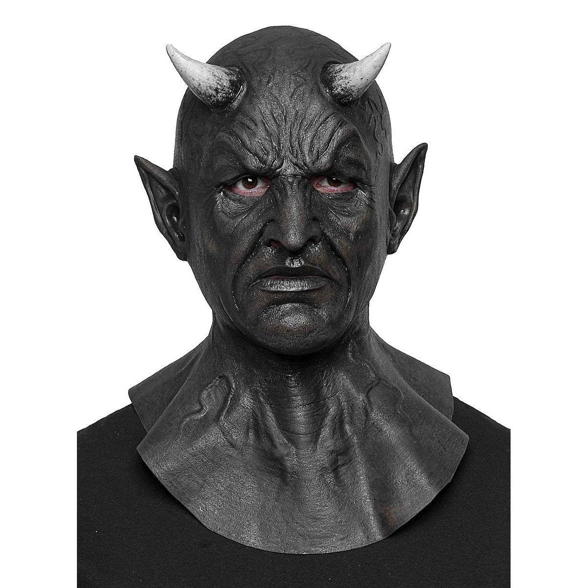 Schwarze Dämonen Maske | Hörner | Spitze Ohren | Vollkopf mit Halsteil