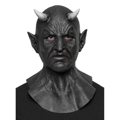 Schwarze Dämonen Maske | Hörner | Spitze Ohren | Vollkopf mit Halsteil