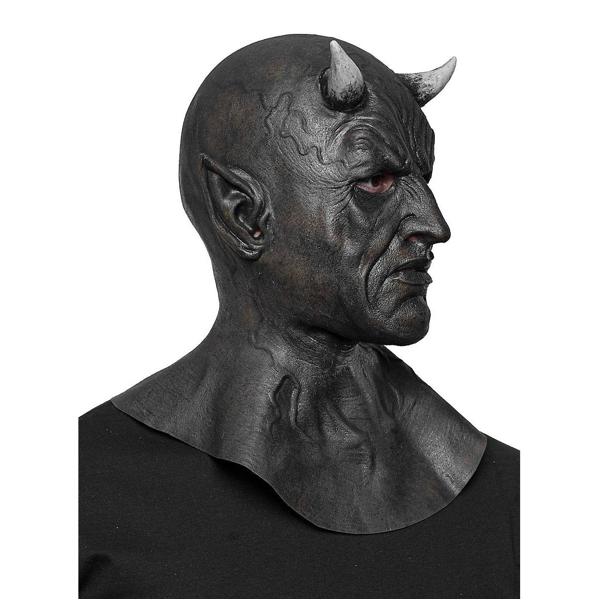 Schwarze Dämonen Maske | Hörner | Spitze Ohren | Vollkopf mit Halsteil