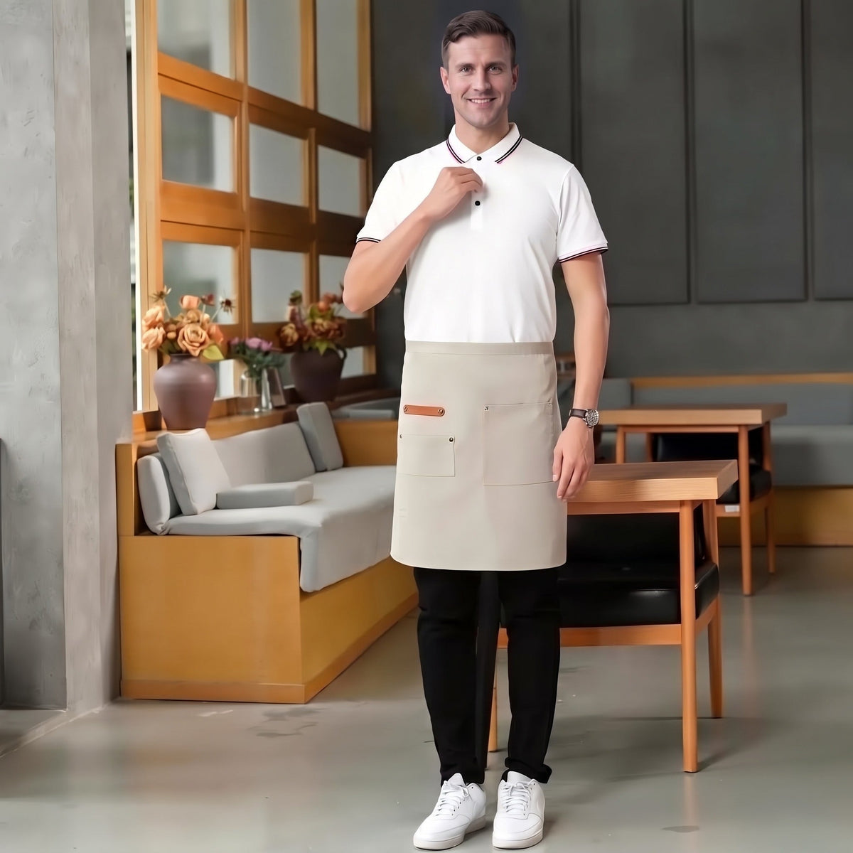 Kellnerschürze Herren | Canvas | Wasserabweisend | Taschen | 45 x 65 cm-Beige-Chaps Herrenmode