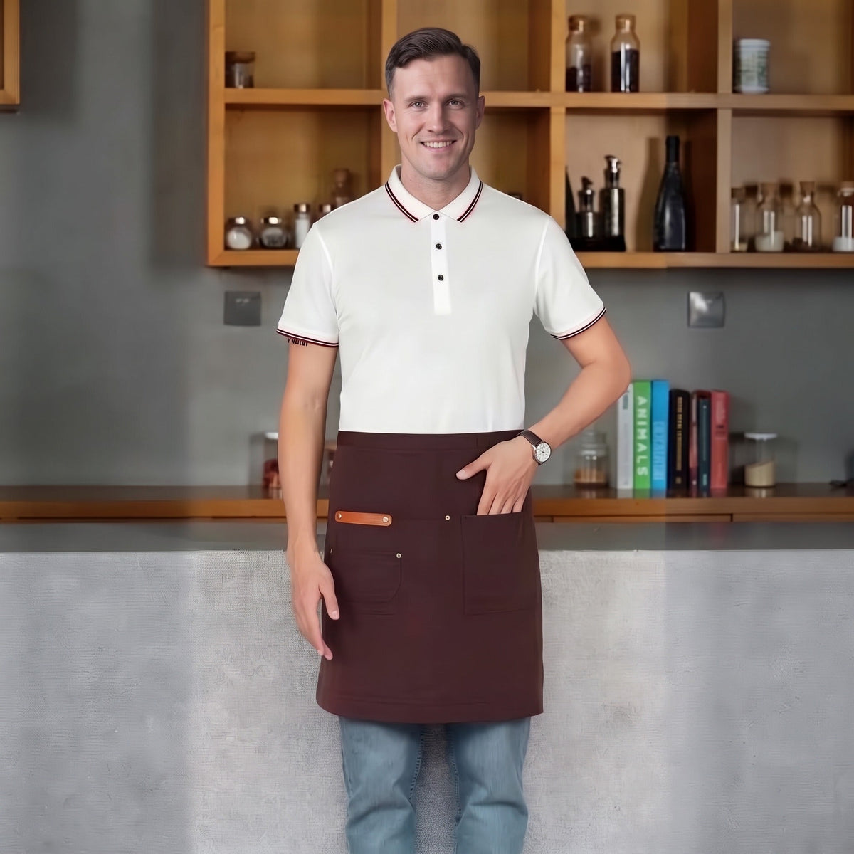Kellnerschürze Herren | Canvas | Wasserabweisend | Taschen | 45 x 65 cm-Dunkelbraun-Chaps Herrenmode