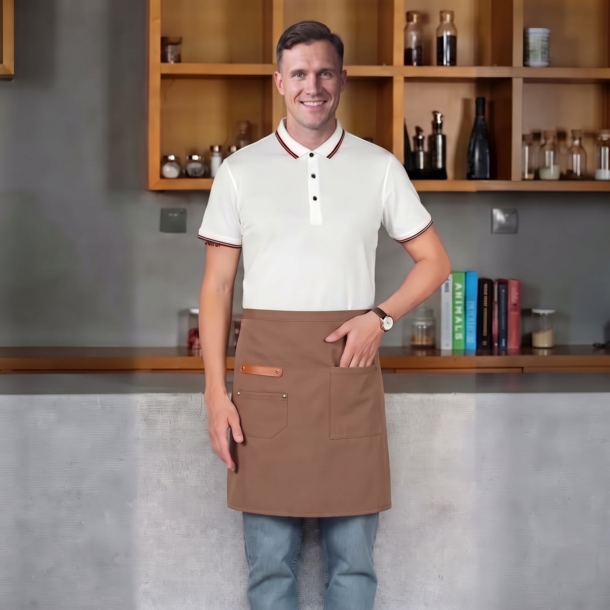 Kellnerschürze Herren | Canvas | Wasserabweisend | Taschen | 45 x 65 cm-Hellbraun-Chaps Herrenmode