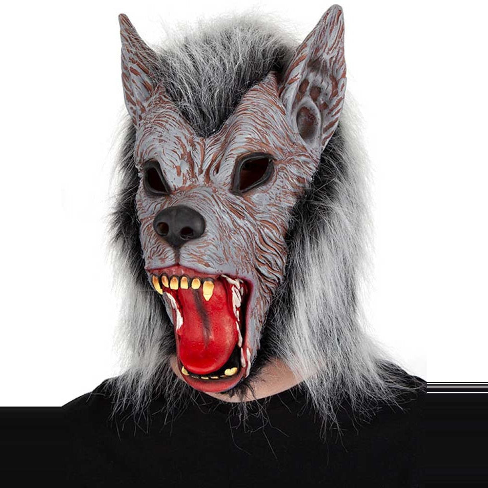 Werwolf Maske Grau | Latex | Kunstfell | Offenes Maul | Vollkopf