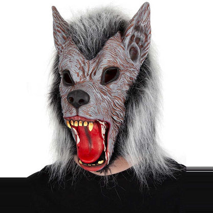 Werwolf Maske Grau | Latex | Kunstfell | Offenes Maul | Vollkopf