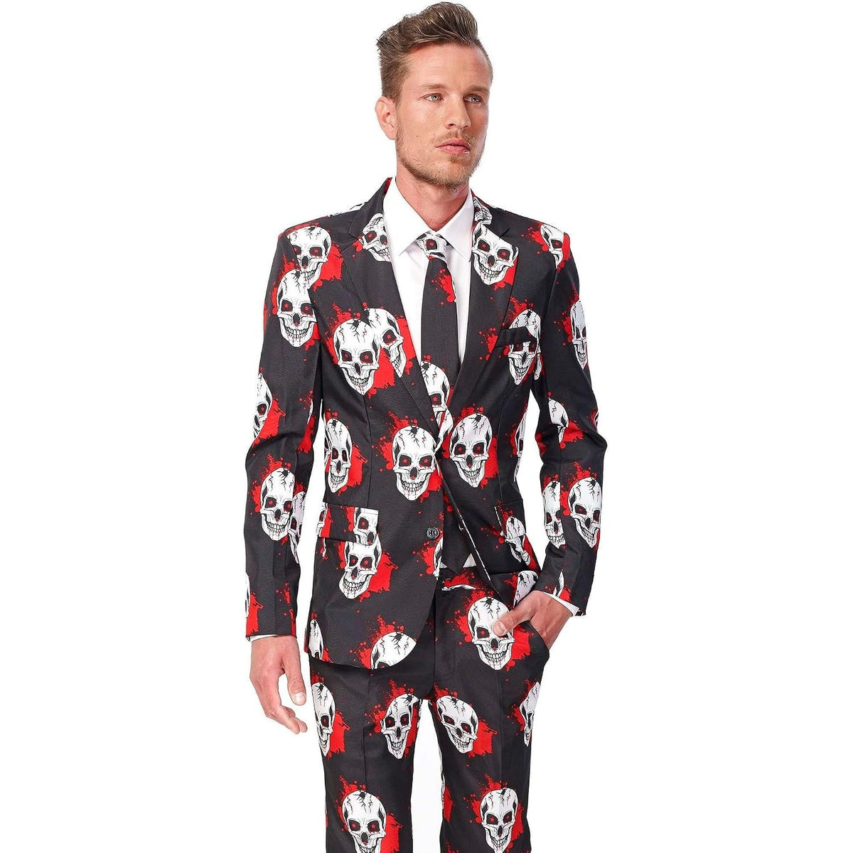Totenkopf Anzug Herren | Blutspritzer | Sakko, Hose, Krawatte | Schwarz