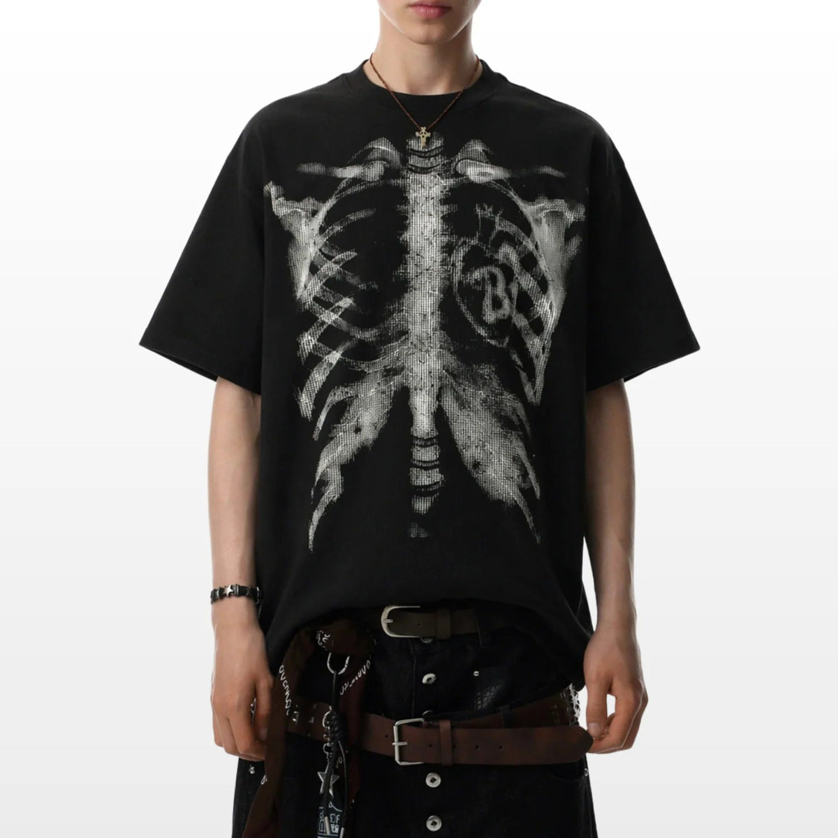 Skelett T-Shirt mit Herz | Oversized | Rücken Print | Waffelstruktur-Chaps Herrenmode