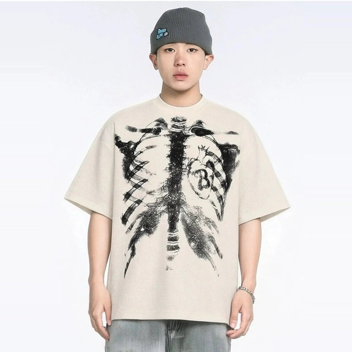 Skelett T-Shirt mit Herz | Oversized | Rücken Print | Waffelstruktur-Chaps Herrenmode