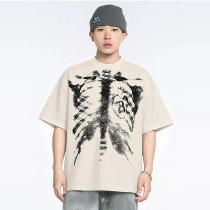 Skelett T-Shirt mit Herz | Oversized | Rücken Print | Waffelstruktur-Chaps Herrenmode