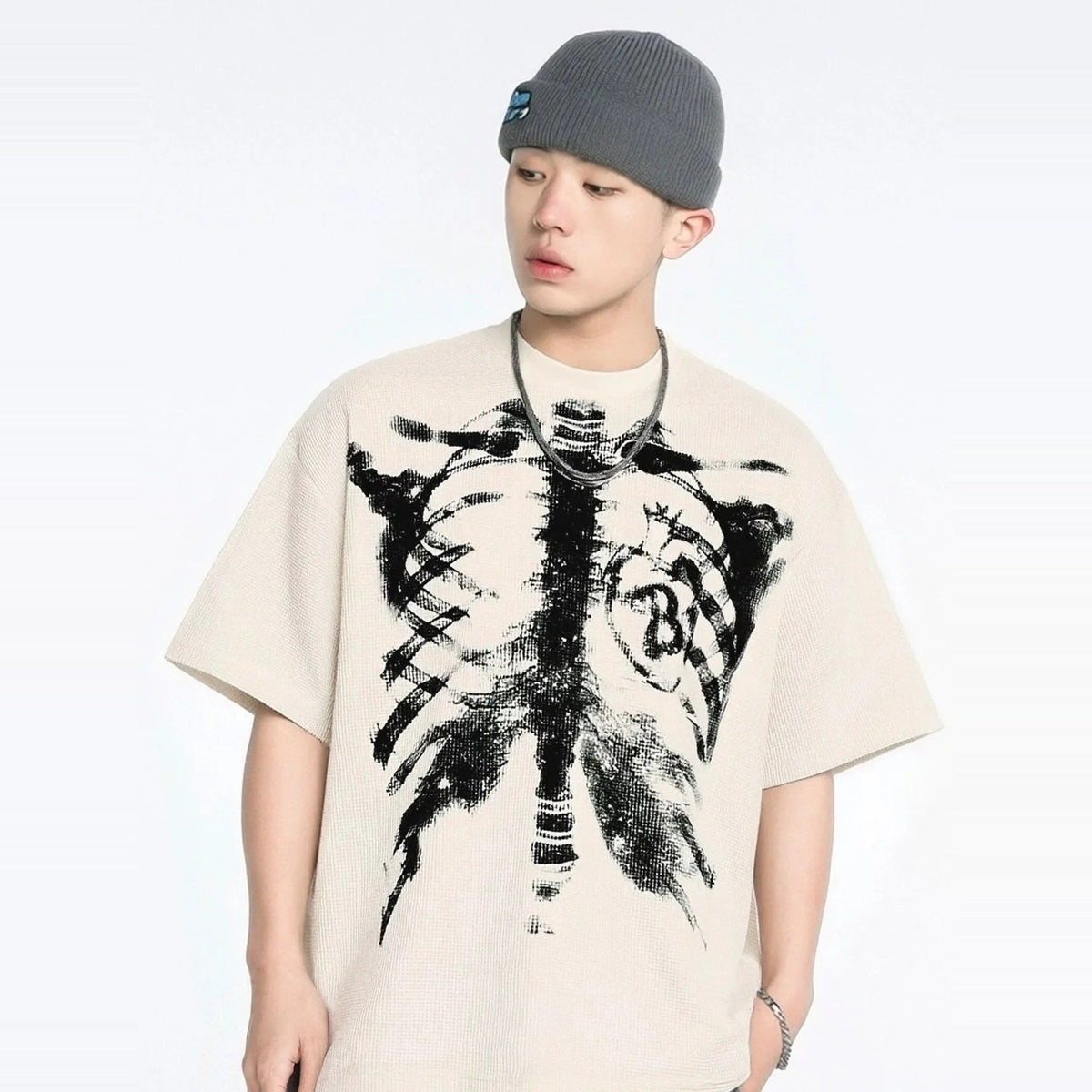 Skelett T-Shirt mit Herz | Oversized | Rücken Print | Waffelstruktur-Chaps Herrenmode