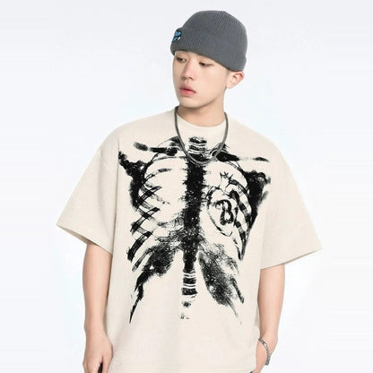 Skelett T-Shirt mit Herz | Oversized | Rücken Print | Waffelstruktur-Chaps Herrenmode