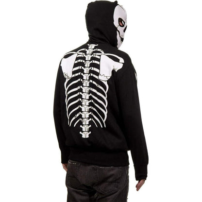 Skelett Hoodie mit Totenkopf Kapuze | Leuchtet im Dunkeln | Reißverschluss-Chaps Herrenmode