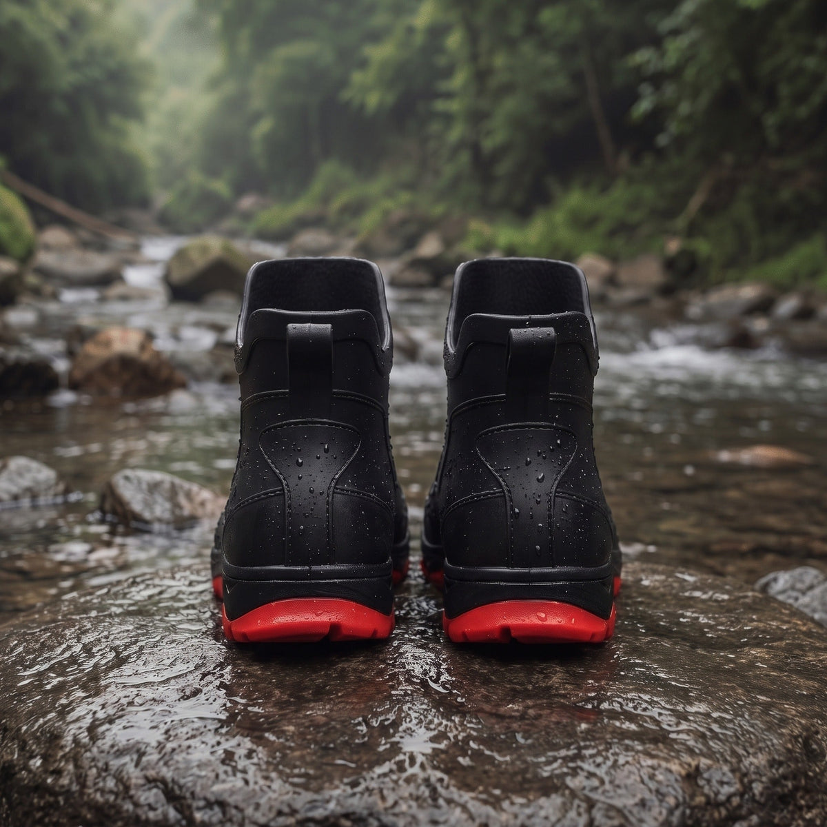 Schwarze Regenstiefel mit roter Sohle, Rückansicht, stehend auf nassem Stein im Fluss | Chaps Herrenmode