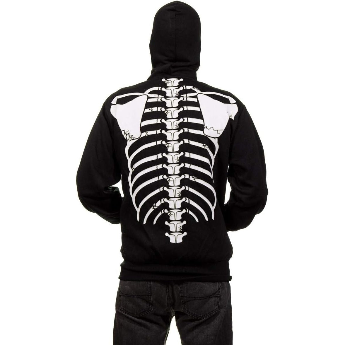 Skelett Hoodie mit Totenkopf Kapuze | Leuchtet im Dunkeln | Reißverschluss-Chaps Herrenmode