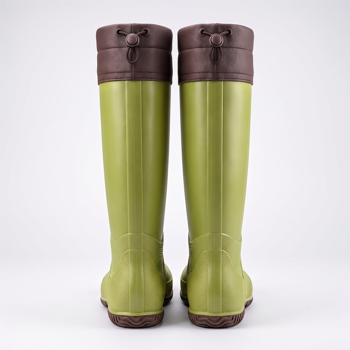 Olivgrüne Gummistiefel mit brauner Stulpe und Kordelzug, Rückansicht freigestellt | Chaps Herrenmode