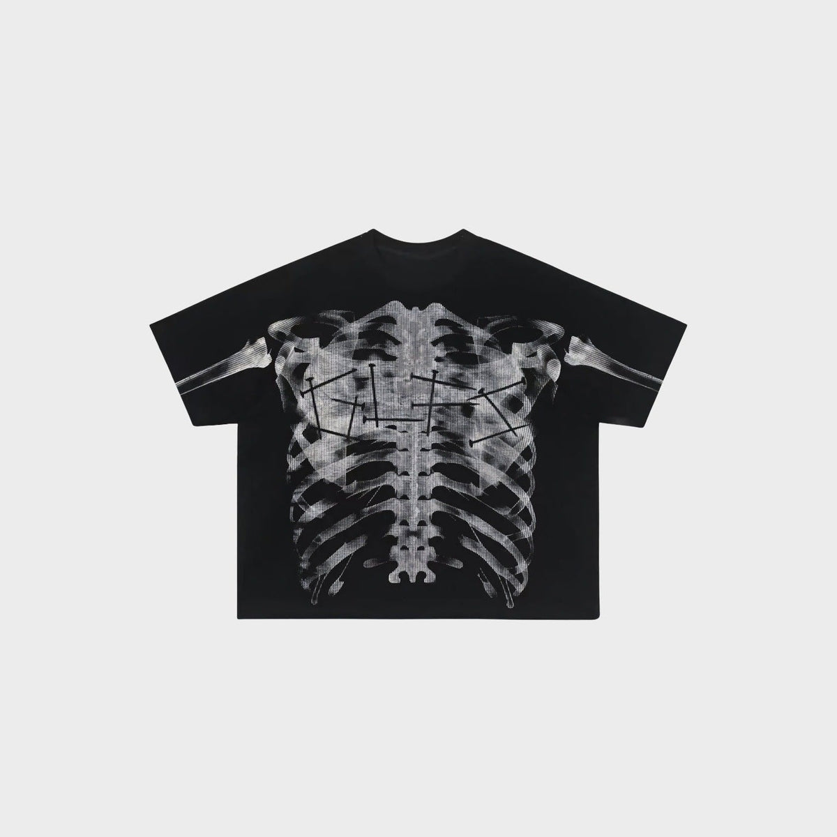 Röntgen Skelett T-Shirt | Oversized | Waffelstruktur | Brustkorb Print-Schwarz-M-Chaps Herrenmode