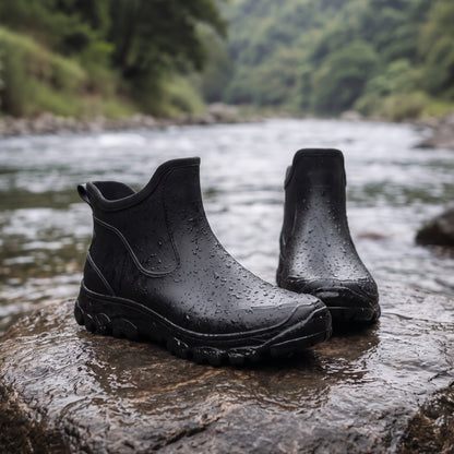 Schwarze Regenstiefel mit Profilsohle stehen auf nassem Stein am Fluss | Chaps Herrenmode