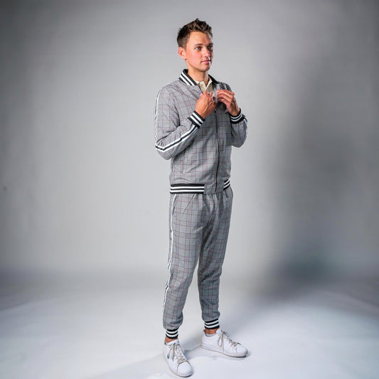 Karierter Trainingsanzug Herren | Jacke mit Reißverschluss | Jogginghose-Grau-M-Chaps Herrenmode