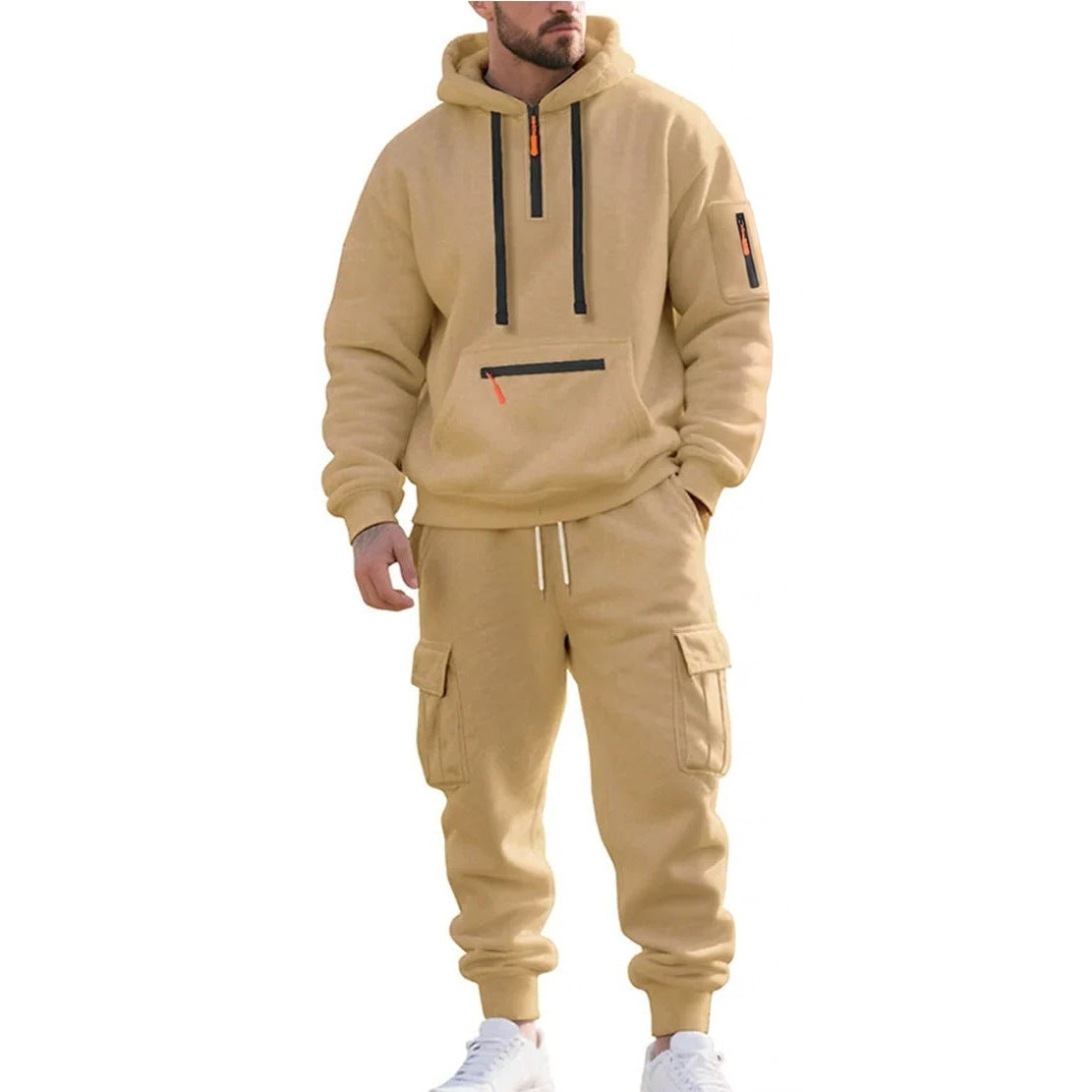 Cargo Jogginganzug Herren | Hoodie mit Reißverschlusstaschen | 6 Farben-Beige-M-Chaps Herrenmode